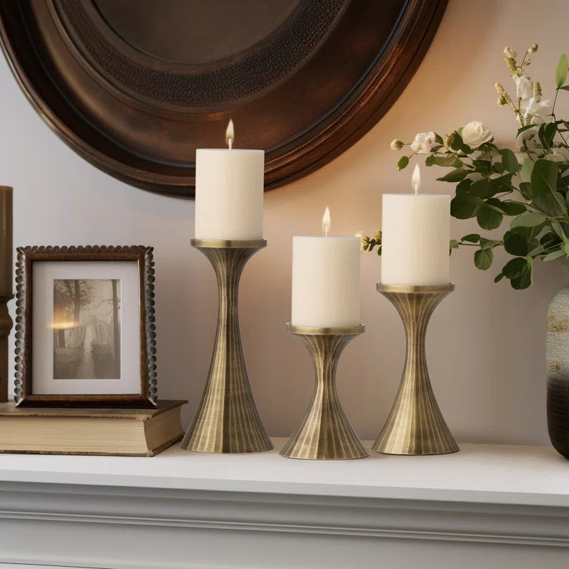 Set of 3 Aluminum Handmade Decorative Pillar Candle Holders (Brass)