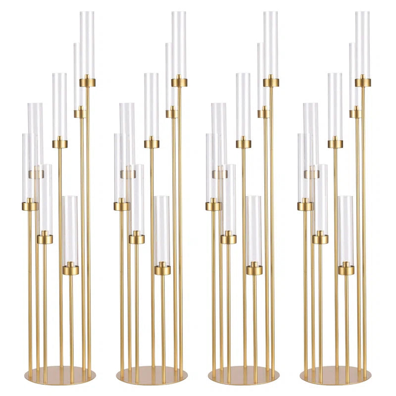 4pcs 7 Arms Candlestick Holder With Acrylic Lampshades For Wedding,48 Inch Tall Gold Floor Candelabra Centerpieces For Birthday Party Home Decoration Fit Led Taper Candles