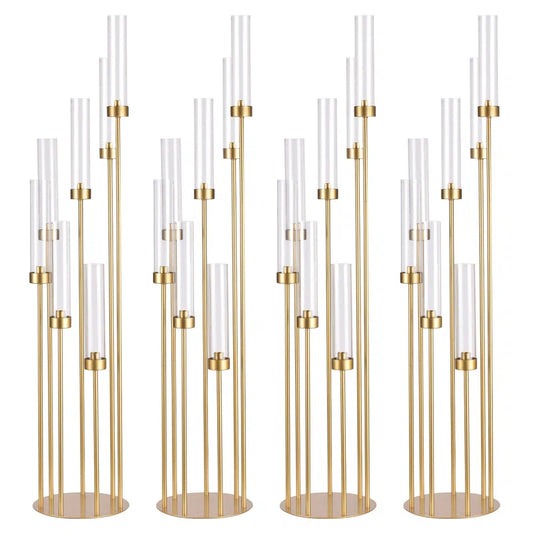 4pcs 7 Arms Candlestick Holder With Acrylic Lampshades For Wedding,48 Inch Tall Gold Floor Candelabra Centerpieces For Birthday Party Home Decoration Fit Led Taper Candles