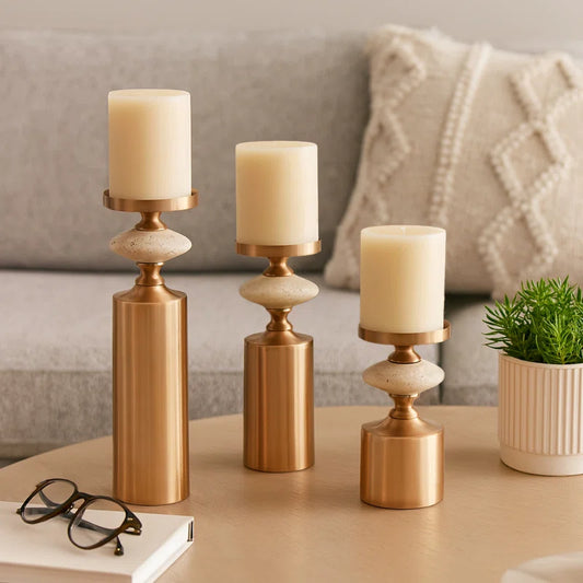 Set of 3 Decorative Candle Holders for Home Decor - Modern Tabletop Travertine Candle Holder Set