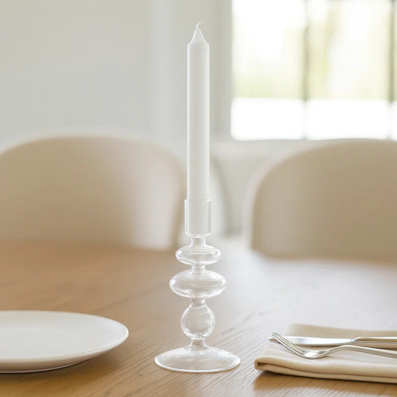 Sculptural Glass Candle Holder with Rounded Accent Base - Modern Tabletop Candle Holder for Coffee Table Display - Decorative Candle Stand Holder for Any Room - 7"