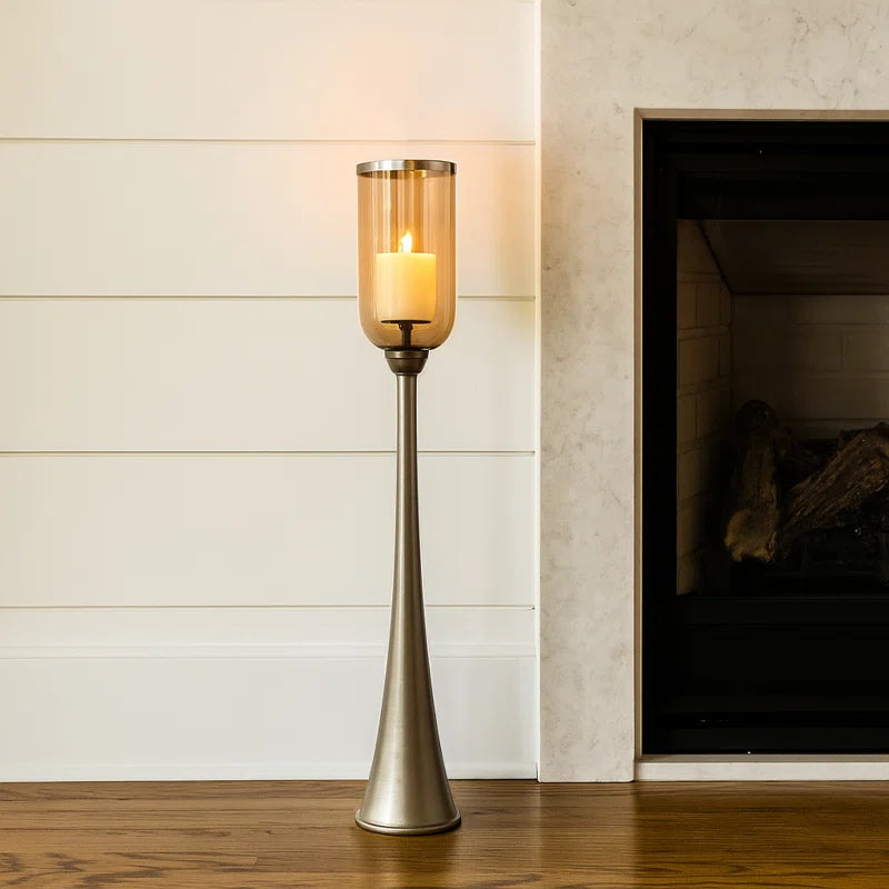 Striking Tall Candle Holder - Modern Metal and Glass Floor Candle Stand for Pillar Candles, Ideal for Dining Rooms, Centerpieces, and Home Accents