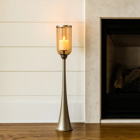 Striking Tall Candle Holder - Modern Metal and Glass Floor Candle Stand for Pillar Candles, Ideal for Dining Rooms, Centerpieces, and Home Accents