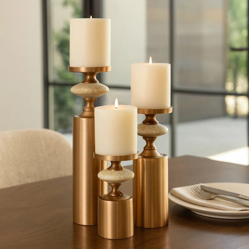 Set of 3 Decorative Candle Holders for Home Decor - Modern Tabletop Travertine Candle Holder Set