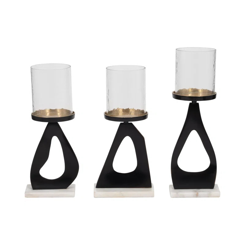 Modern Metal Candle Holder with Marble Base - Decorative Pillar Candlestick Holder for Tabletop Accent - Set of 3, 15", 13", 13", Gold