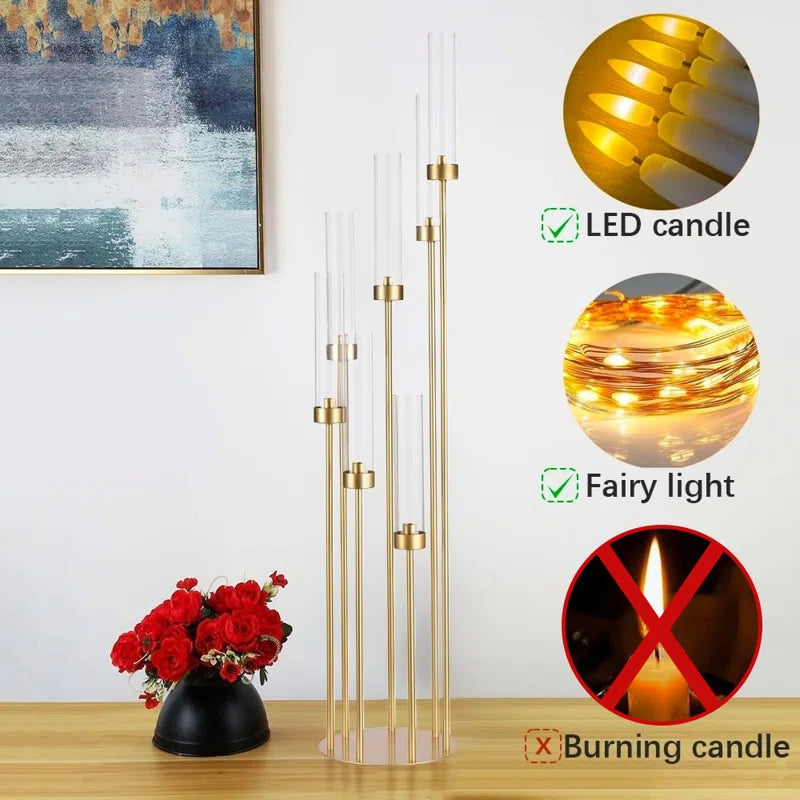 4pcs 7 Arms Candlestick Holder With Acrylic Lampshades For Wedding,48 Inch Tall Gold Floor Candelabra Centerpieces For Birthday Party Home Decoration Fit Led Taper Candles