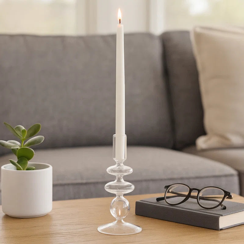 Sculptural Glass Candle Holder with Rounded Accent Base - Modern Tabletop Candle Holder for Coffee Table Display - Decorative Candle Stand Holder for Any Room - 7"