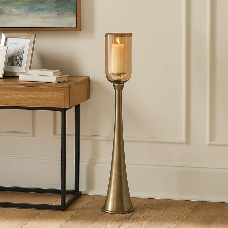 Striking Tall Candle Holder - Modern Metal and Glass Floor Candle Stand for Pillar Candles, Ideal for Dining Rooms, Centerpieces, and Home Accents