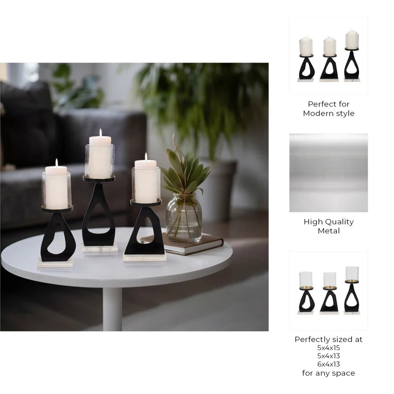 Modern Metal Candle Holder with Marble Base - Decorative Pillar Candlestick Holder for Tabletop Accent - Set of 3, 15", 13", 13", Gold