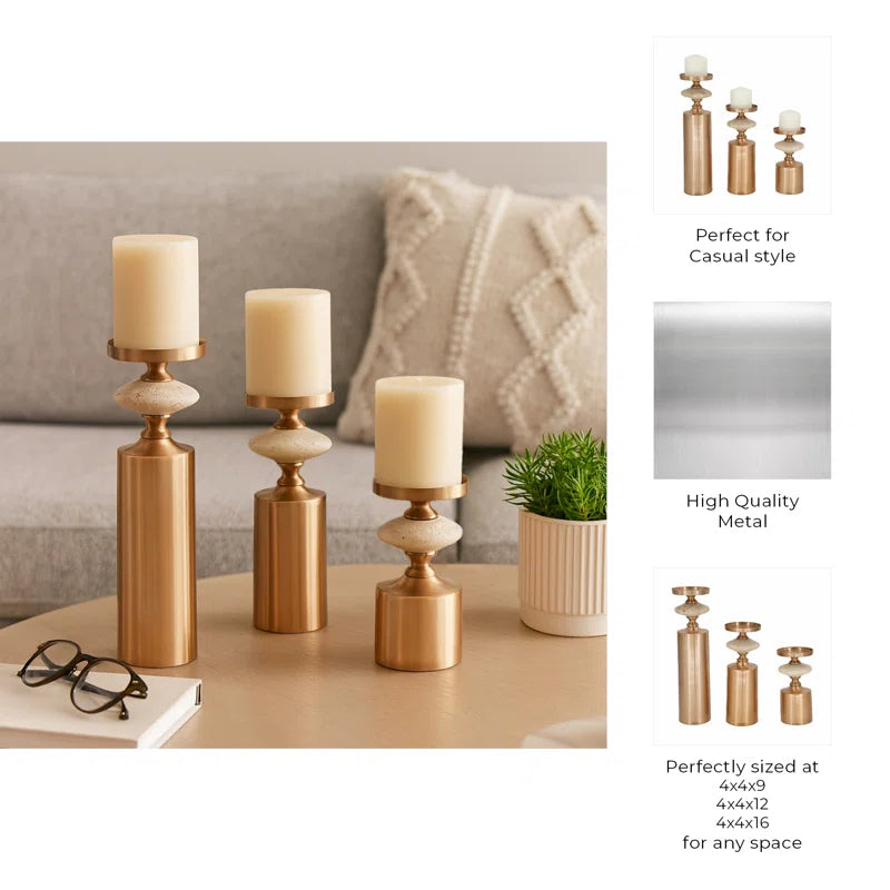 Set of 3 Decorative Candle Holders for Home Decor - Modern Tabletop Travertine Candle Holder Set