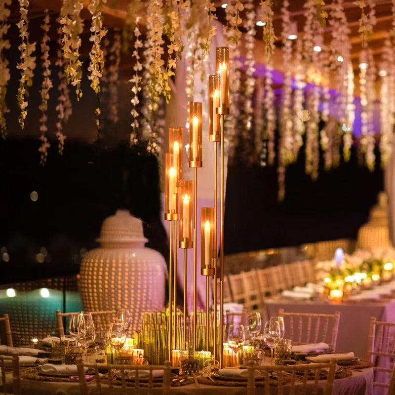 4pcs 7 Arms Candlestick Holder With Acrylic Lampshades For Wedding,48 Inch Tall Gold Floor Candelabra Centerpieces For Birthday Party Home Decoration Fit Led Taper Candles