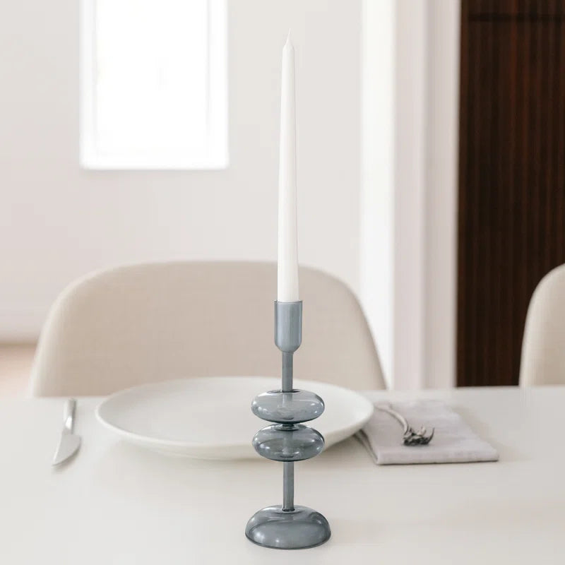 Modern Sculptural Glass Candle Holder for Tabletop Accent - Decorative Taper Candlestick Holder for Dining Room Decor - Blue