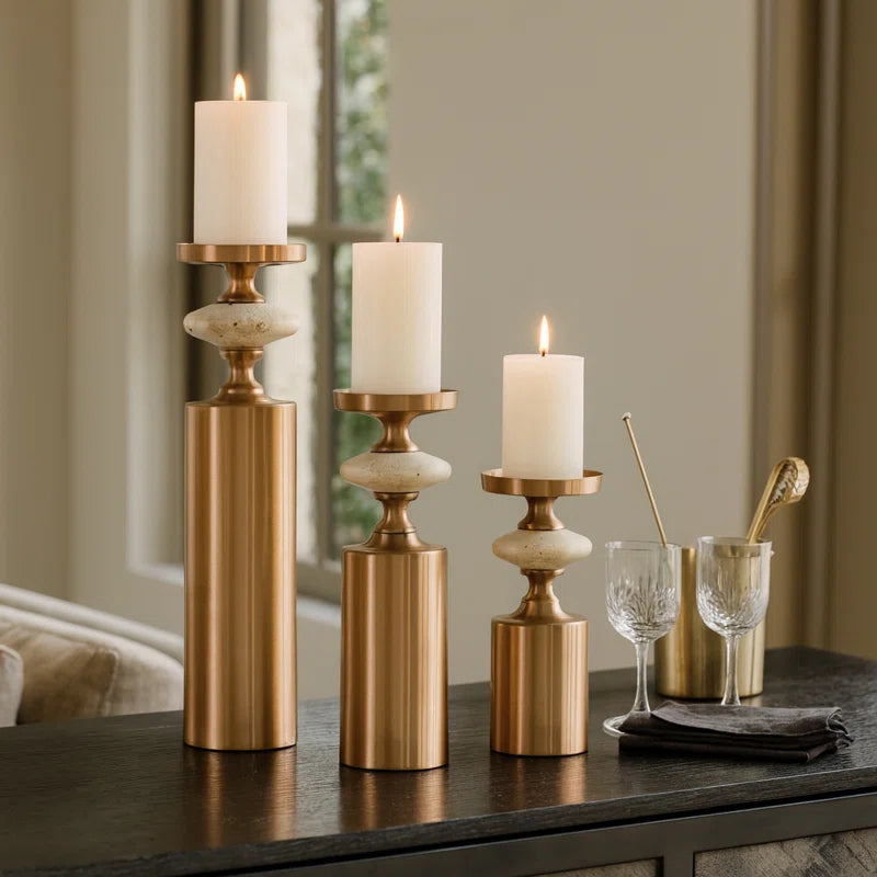 Set of 3 Decorative Candle Holders for Home Decor - Modern Tabletop Travertine Candle Holder Set