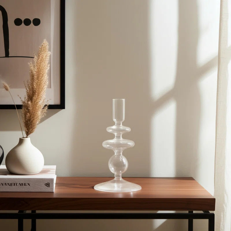 Sculptural Glass Candle Holder with Rounded Accent Base - Modern Tabletop Candle Holder for Coffee Table Display - Decorative Candle Stand Holder for Any Room - 7"