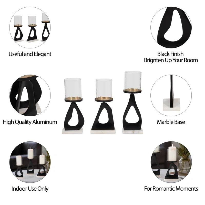 Modern Metal Candle Holder with Marble Base - Decorative Pillar Candlestick Holder for Tabletop Accent - Set of 3, 15", 13", 13", Gold