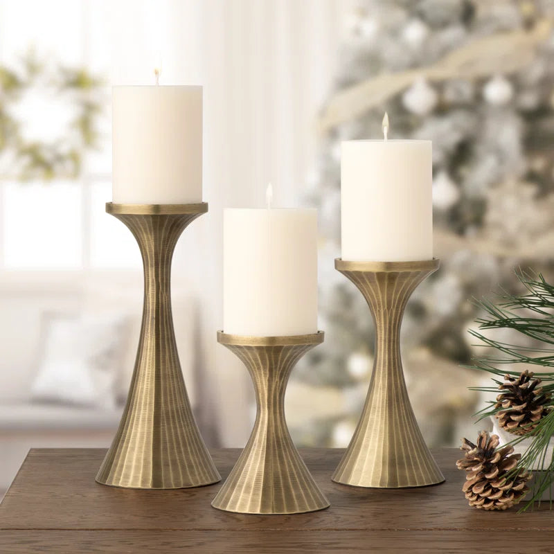 Set of 3 Aluminum Handmade Decorative Pillar Candle Holders (Brass)