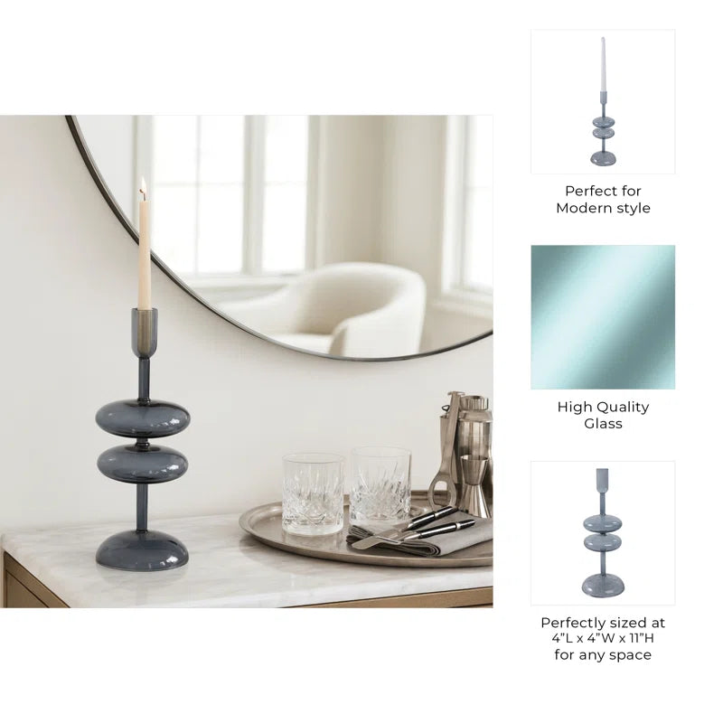 Modern Sculptural Glass Candle Holder for Tabletop Accent - Decorative Taper Candlestick Holder for Dining Room Decor - Blue