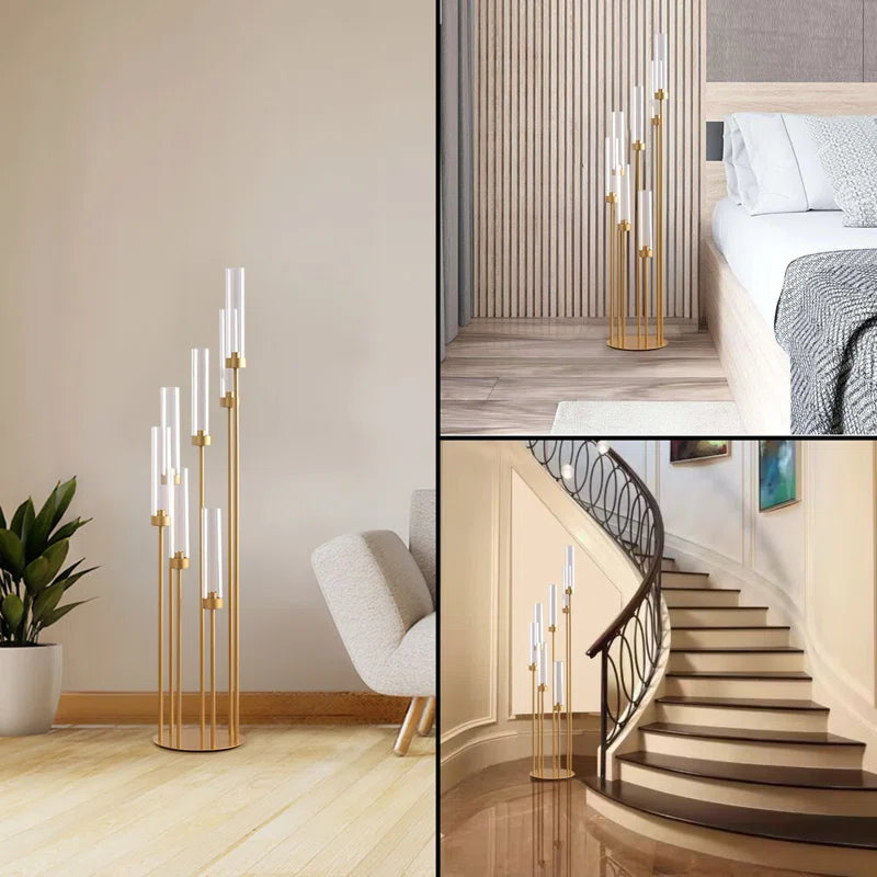 4pcs 7 Arms Candlestick Holder With Acrylic Lampshades For Wedding,48 Inch Tall Gold Floor Candelabra Centerpieces For Birthday Party Home Decoration Fit Led Taper Candles