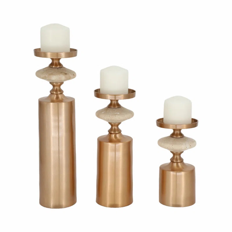 Set of 3 Decorative Candle Holders for Home Decor - Modern Tabletop Travertine Candle Holder Set