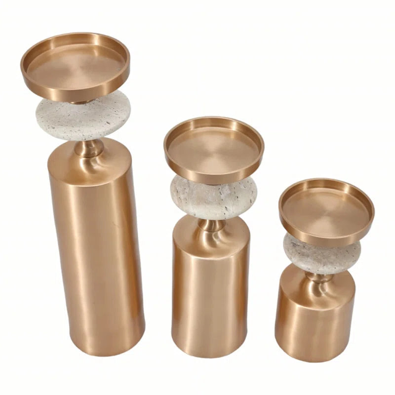 Set of 3 Decorative Candle Holders for Home Decor - Modern Tabletop Travertine Candle Holder Set