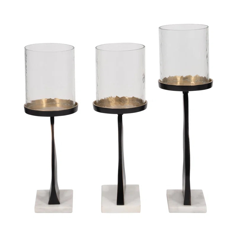 Modern Metal Candle Holder with Marble Base - Decorative Pillar Candlestick Holder for Tabletop Accent - Set of 3, 15", 13", 13", Gold