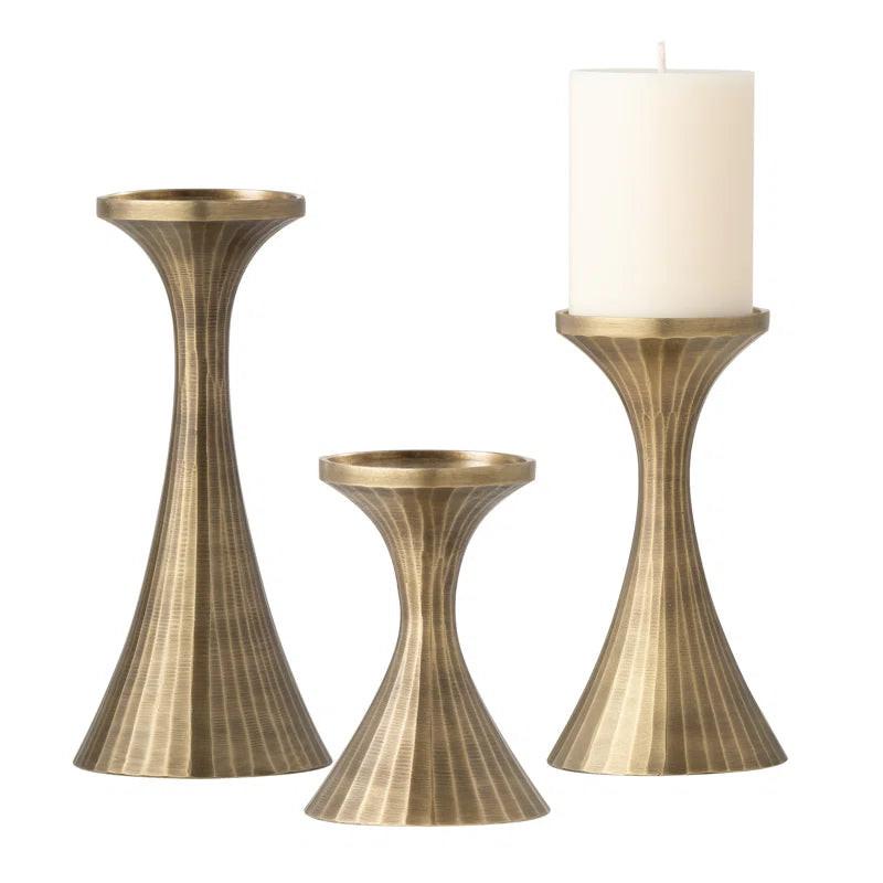 Set of 3 Aluminum Handmade Decorative Pillar Candle Holders (Brass)