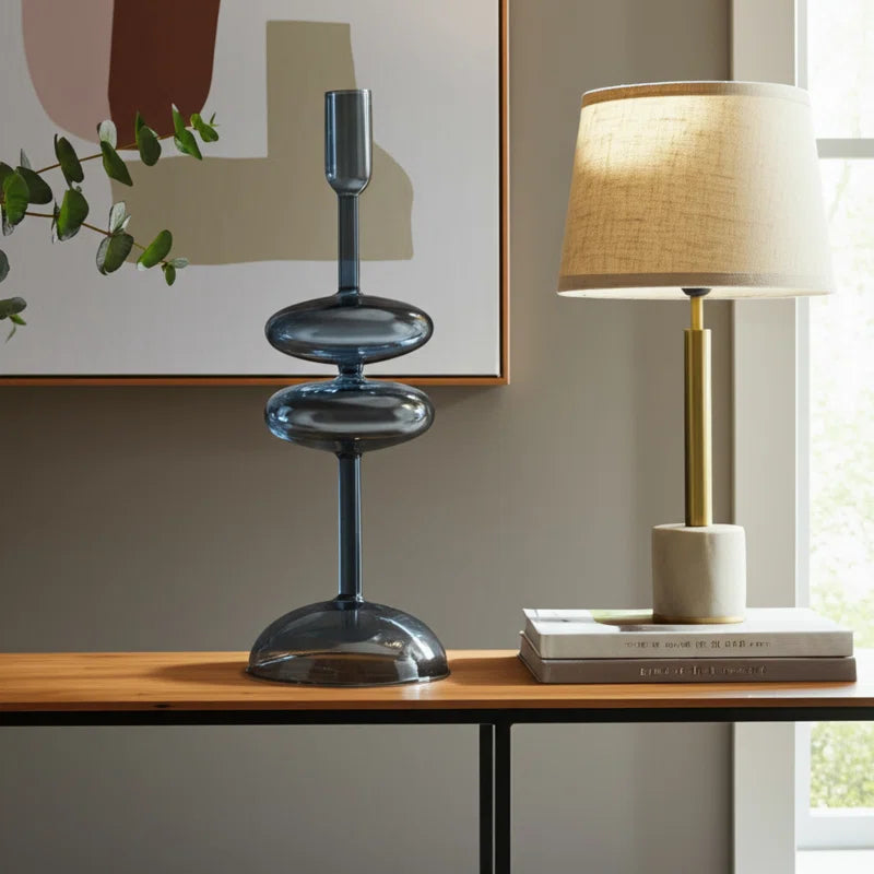 Modern Sculptural Glass Candle Holder for Tabletop Accent - Decorative Taper Candlestick Holder for Dining Room Decor - Blue