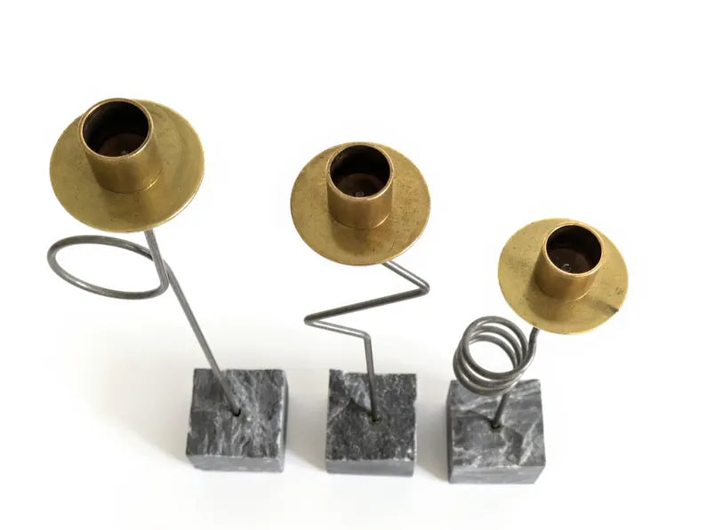 Set 3 Candleholders | 1980's IKEA "Kräsen" | Steel, Brass, Granit