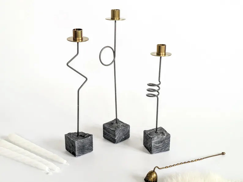 Set 3 Candleholders | 1980's IKEA "Kräsen" | Steel, Brass, Granit