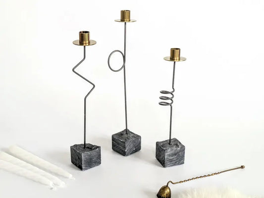 Set 3 Candleholders | 1980's IKEA "Kräsen" | Steel, Brass, Granit