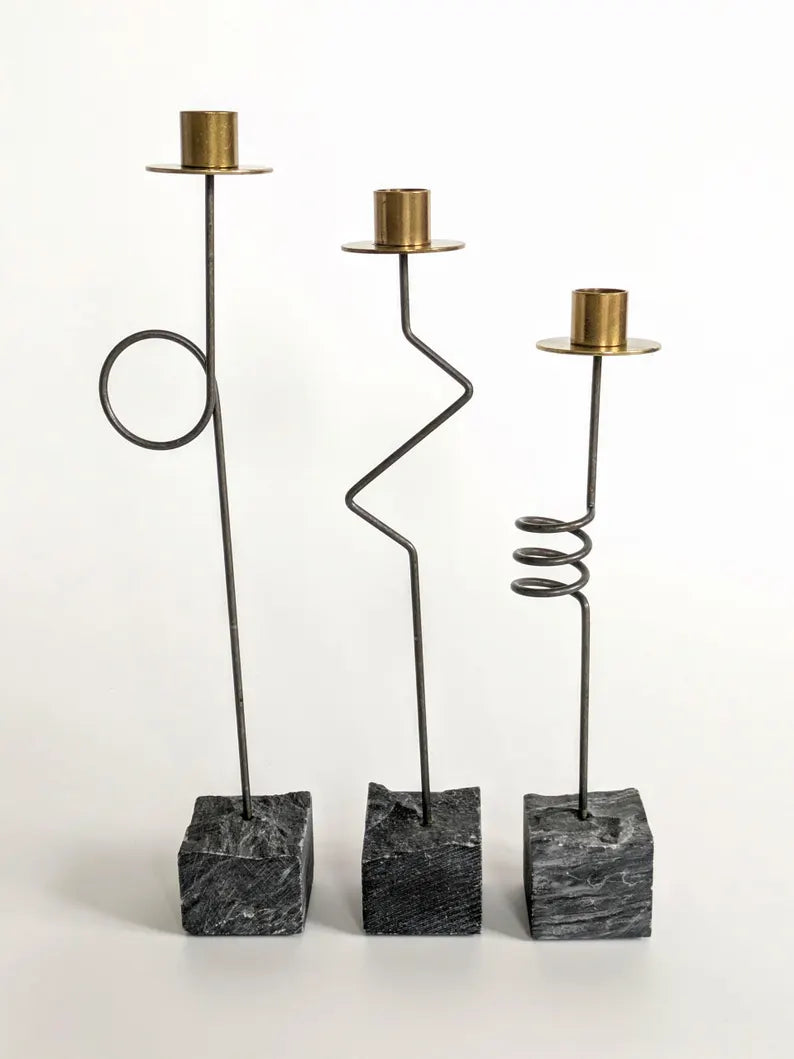 Set 3 Candleholders | 1980's IKEA "Kräsen" | Steel, Brass, Granit