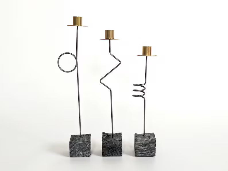 Set 3 Candleholders | 1980's IKEA "Kräsen" | Steel, Brass, Granit