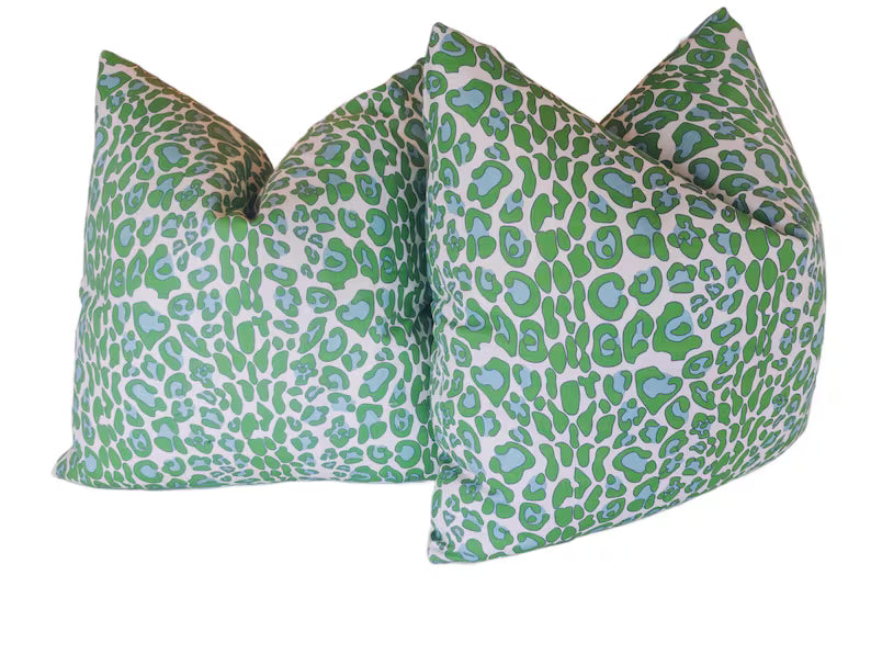 Bright green Blue Leapard print pillow