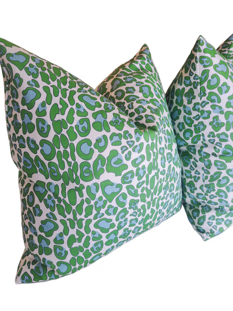 Bright green Blue Leapard print pillow
